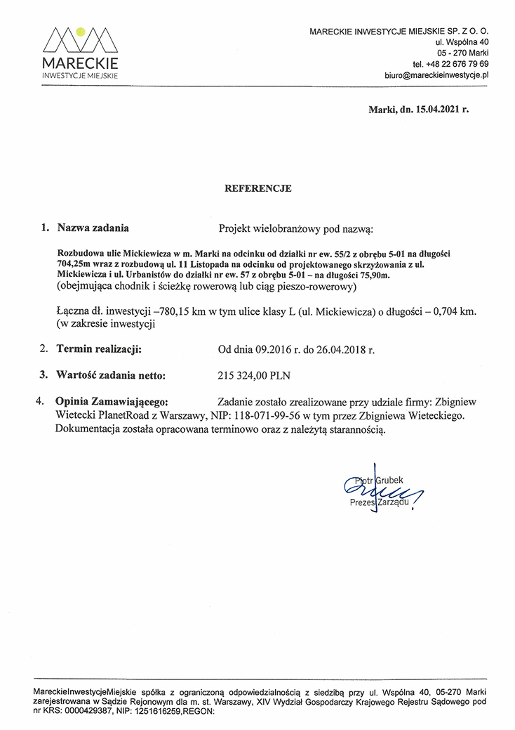 Referencja poświadczająca pomyślne wykonanie projektu ulicy Mickiewicza w Markach.