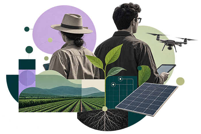 Builder duo illustration: entrepreneur and tech builder with farm and solar assets