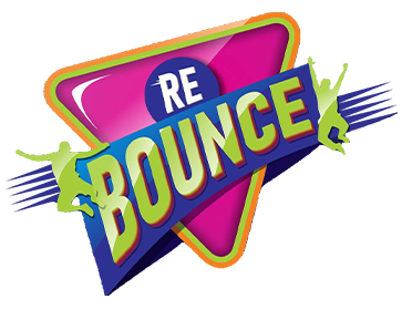 Colorful logo with the word 'REBOUNCE' featuring energetic silhouettes jumping around a stylized triangular background.