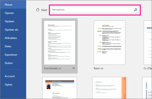 Zoek in de sjabloonbibliotheek naar ‘cv’ of ‘resume’ om de beschikbare sjablonen te bekijken.