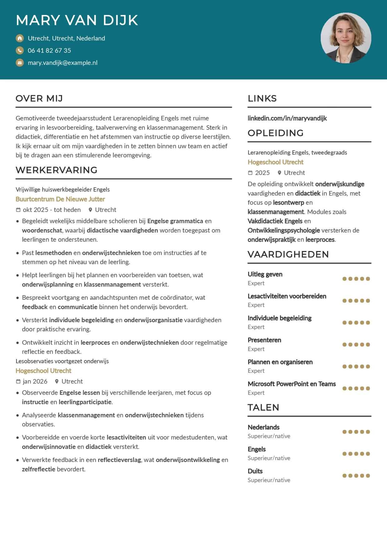Stage cv voor lerarenopleiding
