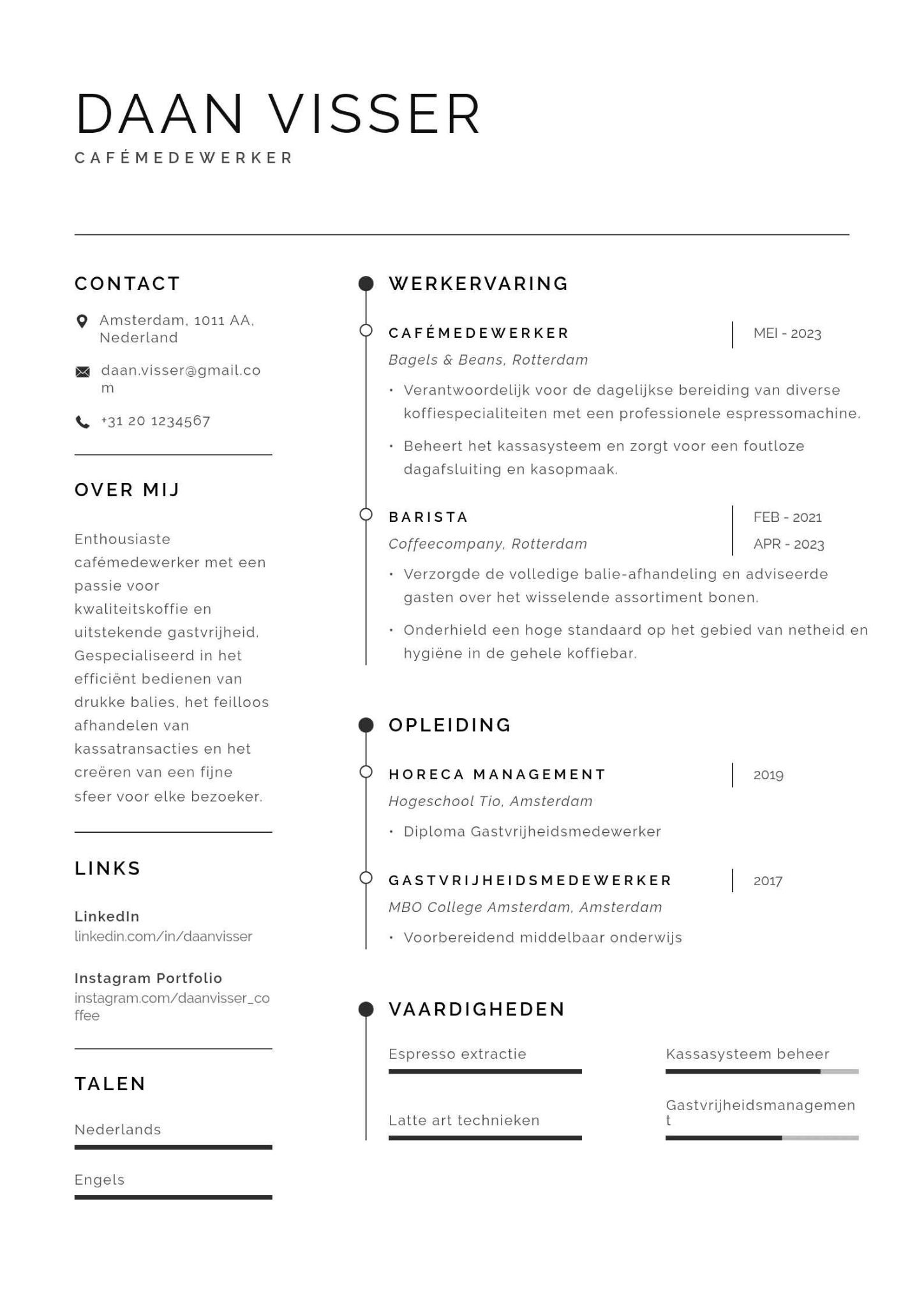 Horeca cv voorbeeld voor barista of cafémedewerker
