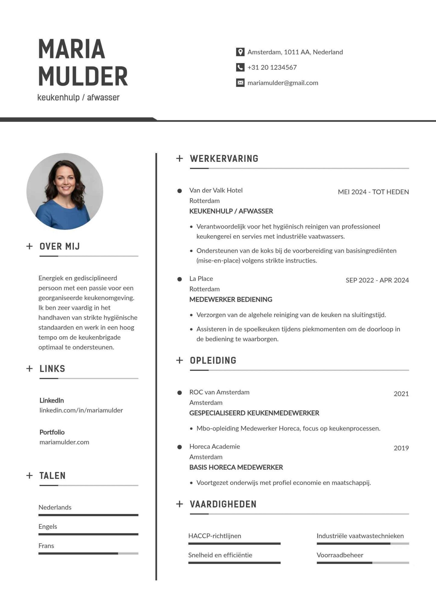 Horeca cv voorbeeld voor keukenhulp of afwasser
