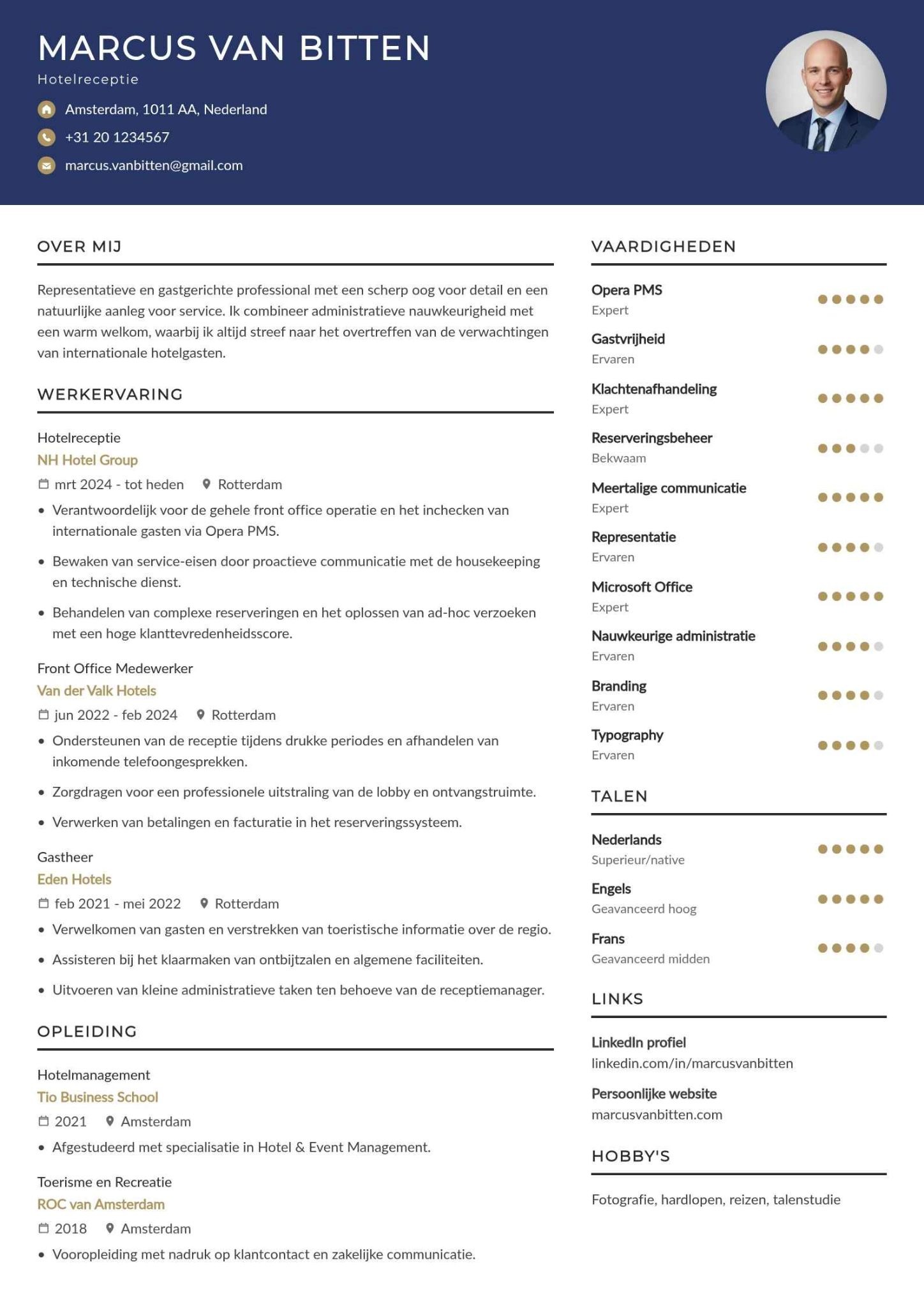 Horeca cv voorbeeld voor hotelreceptie of front office