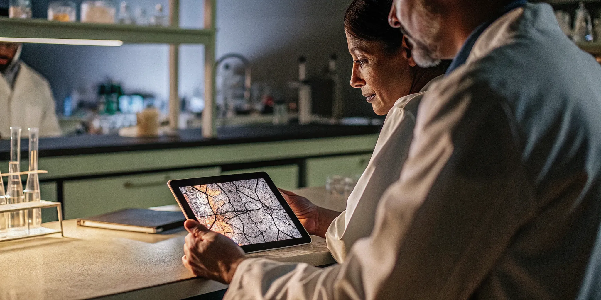 Medical researcher studying brain pathway models in a laboratory setting