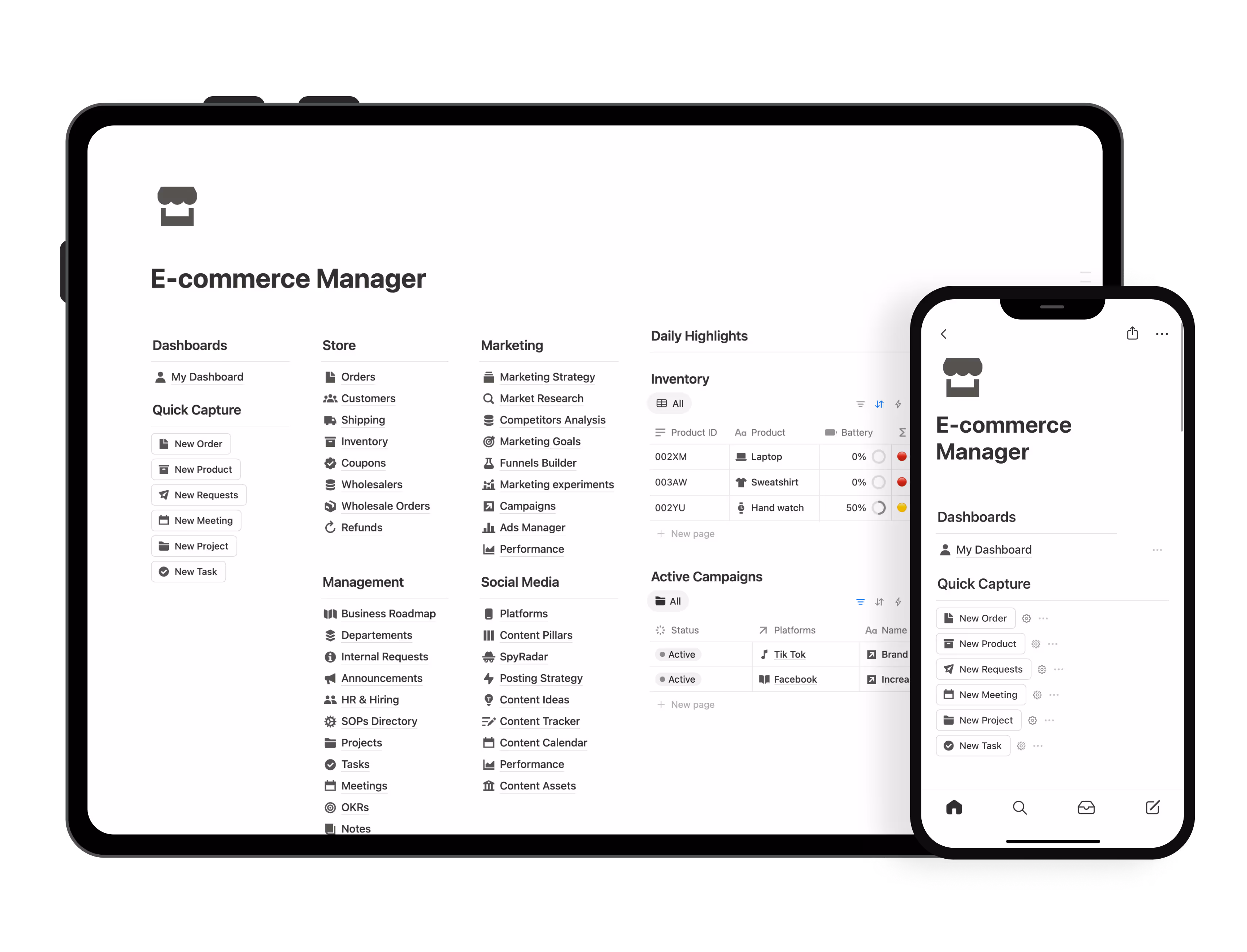 Notion template for e-commerce