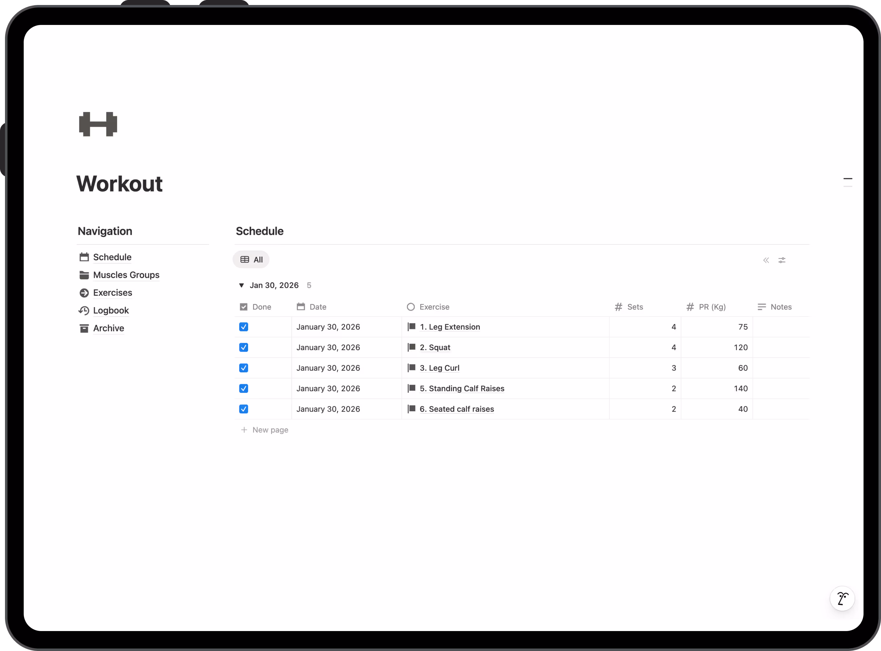 Workout page inside Notion Second Brain -  Best Notion Productivity template