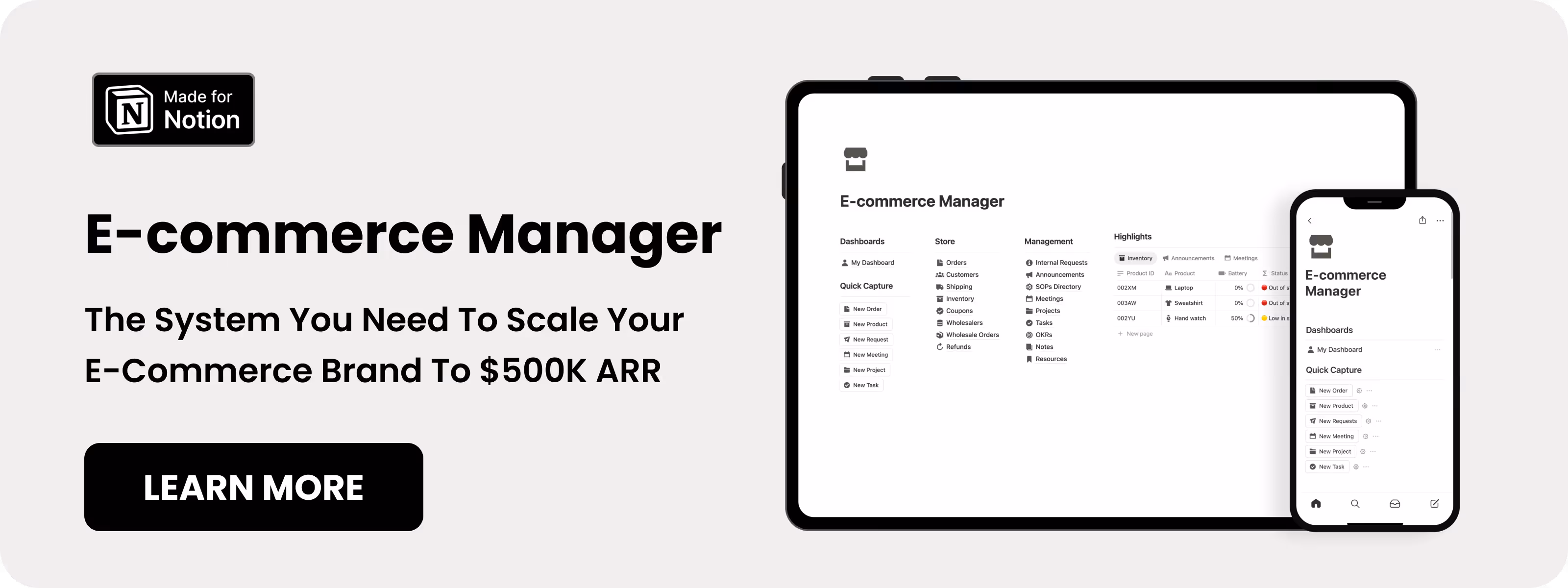 Notion E-commerce Manager - Best Notion templates for business