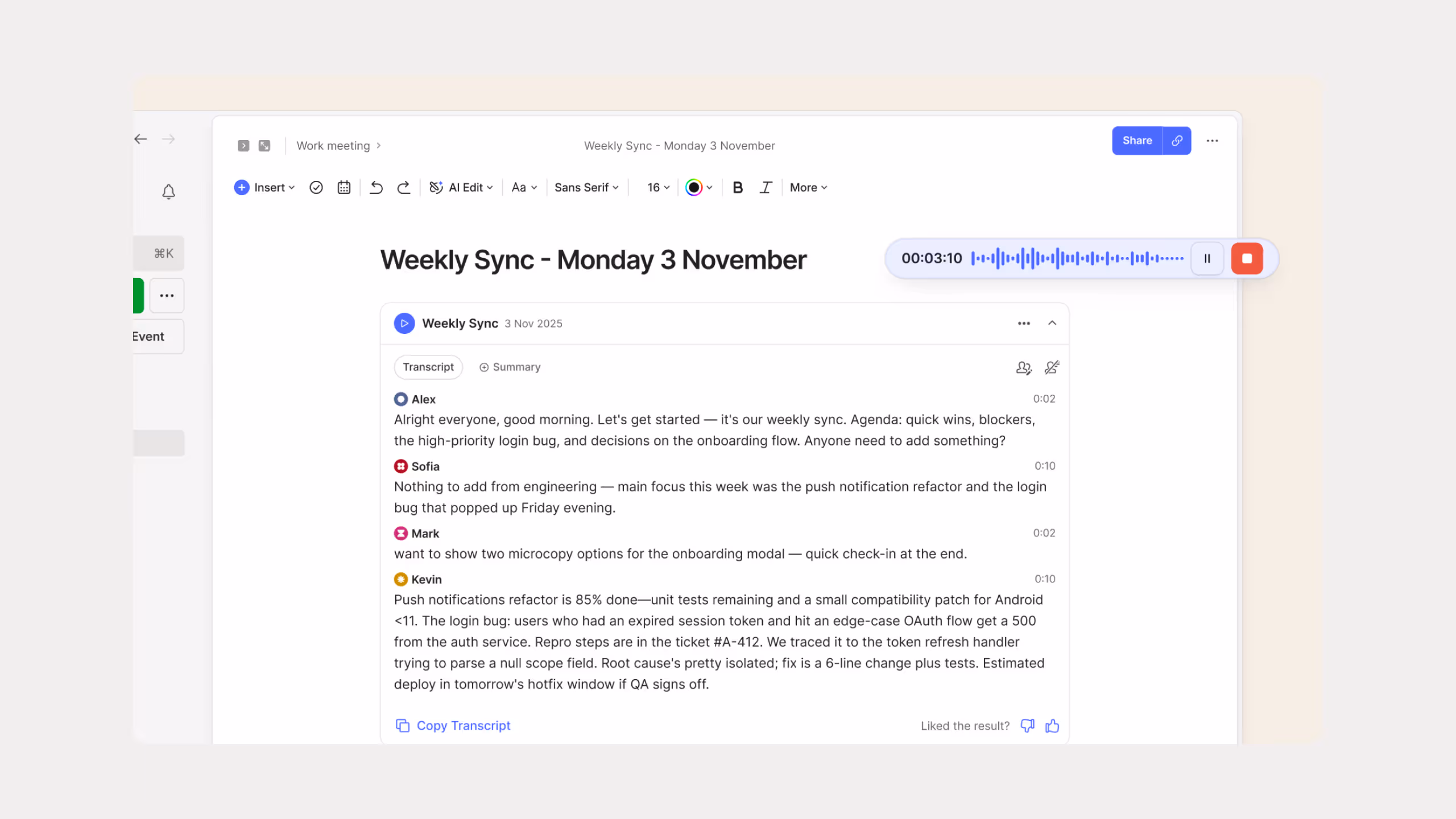 Evernote Meetings audio notes