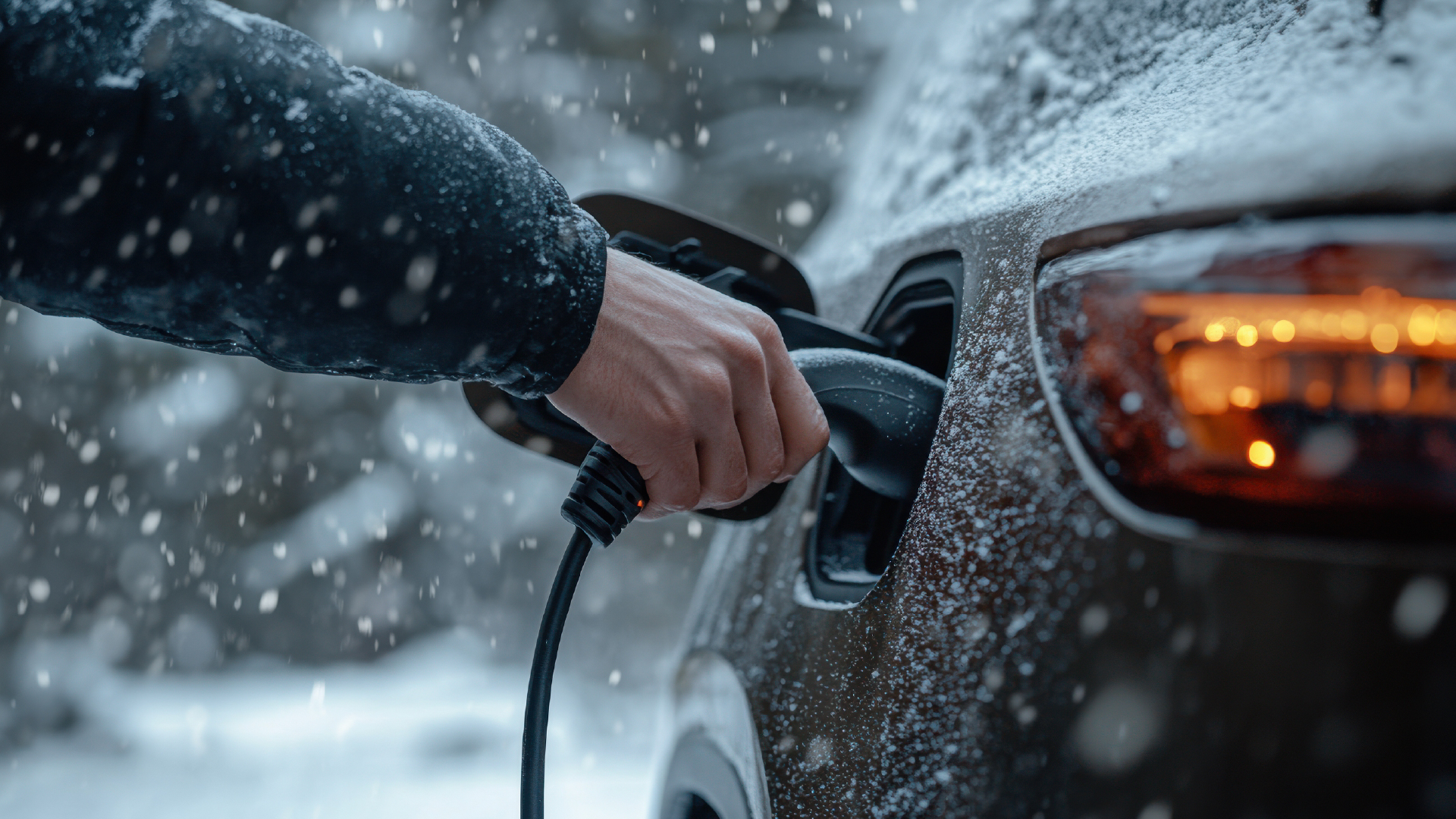 Close-up of an electric car being charged in snowy winter conditions in Norway, symbolizing the country’s world-leading EV adoption.