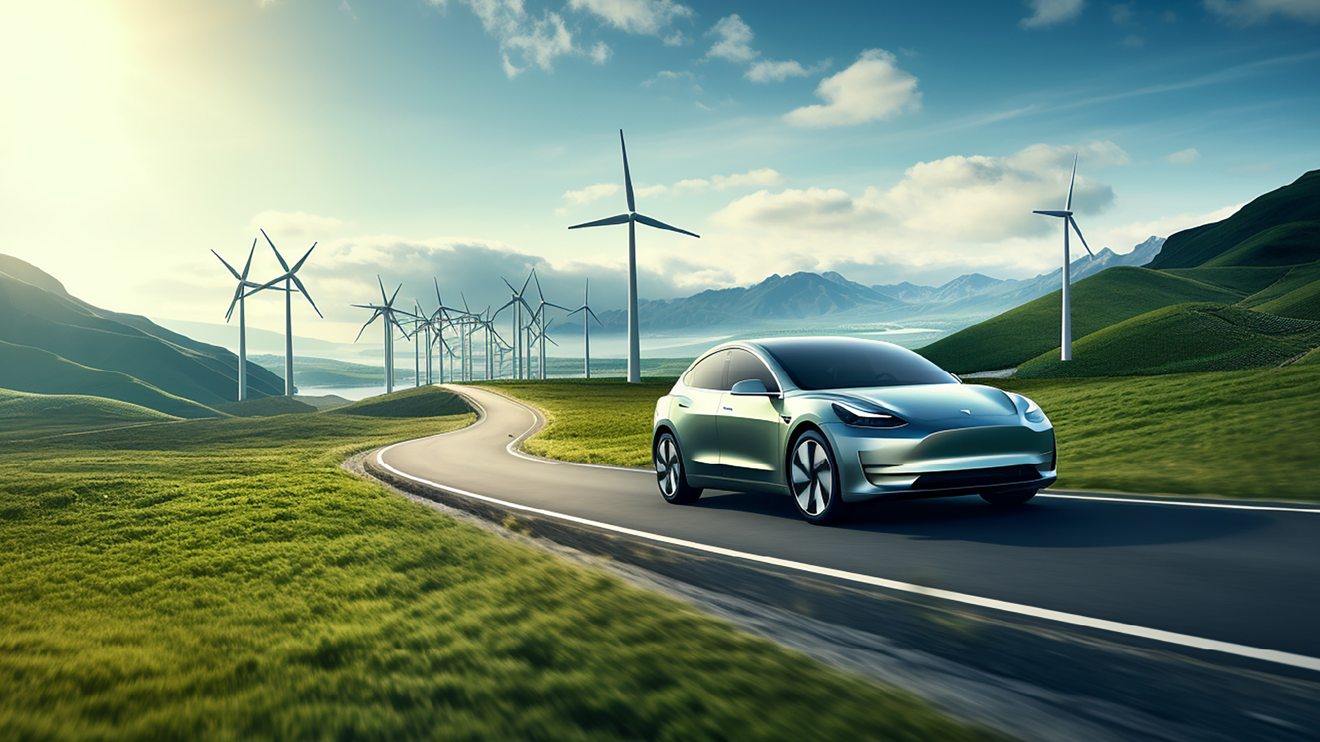 Electric car driving on a winding road through green hills with wind turbines in the background, symbolising sustainable transport and clean energy.
