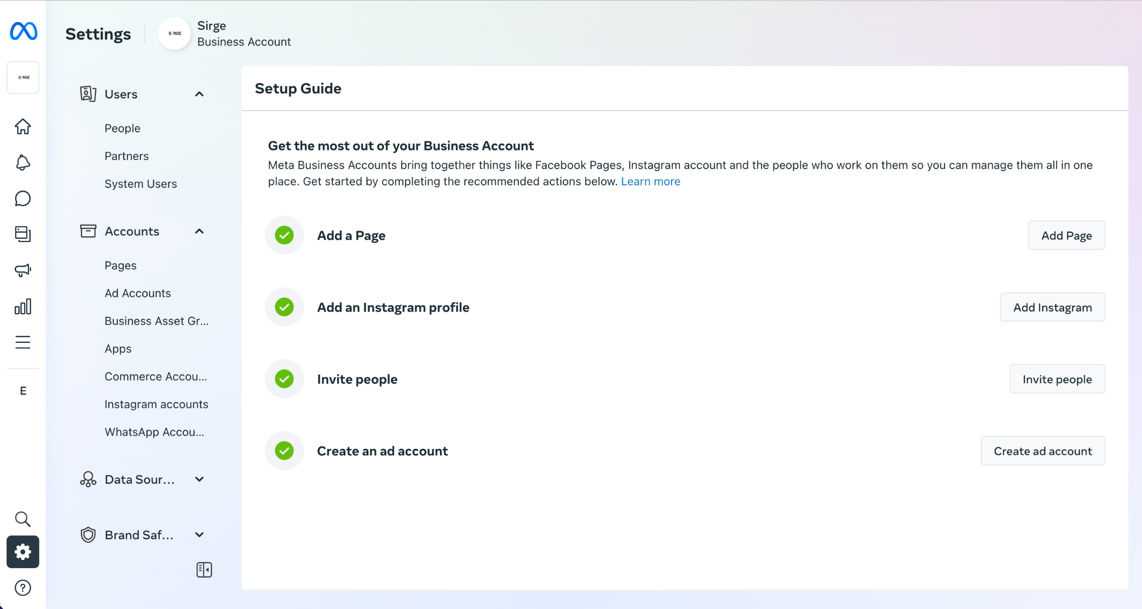 screenshot of Sirge Meta Business Account setup guide giving a checklist of things to accomplish to setup your business manager