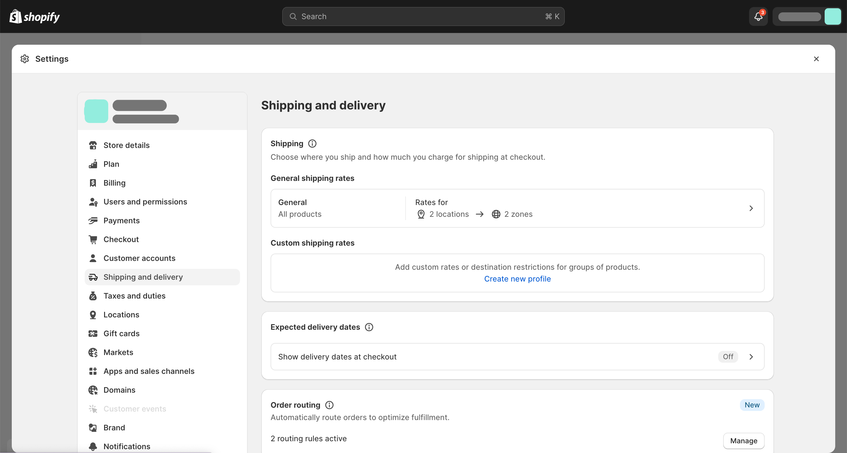 screenshot of a Shopify shipping settings page