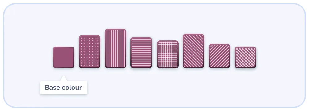 Base colour and variations by adding a dot grid, vertical lines, horizontal lines, line grid, diagonal lines to the right, diagonal lines to the left, diagonal grid