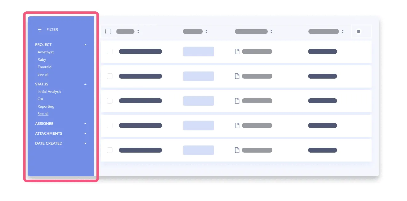 Filter UI layout with left hand sidebar