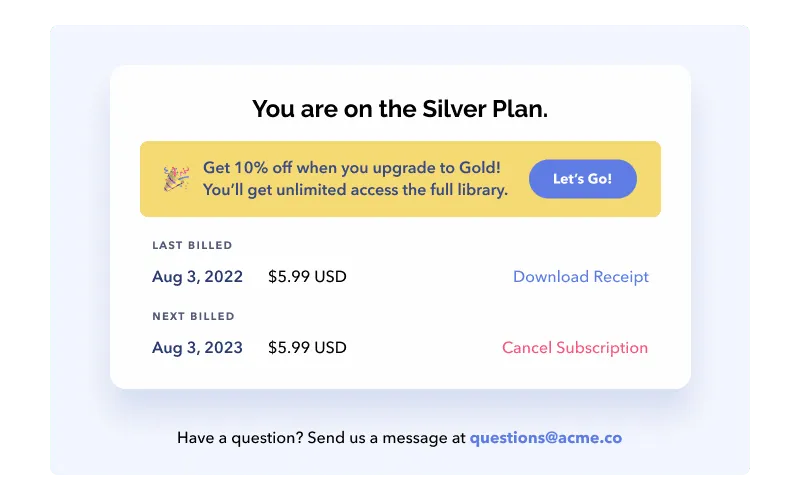 Subscription plan comparison UI with option to cancel