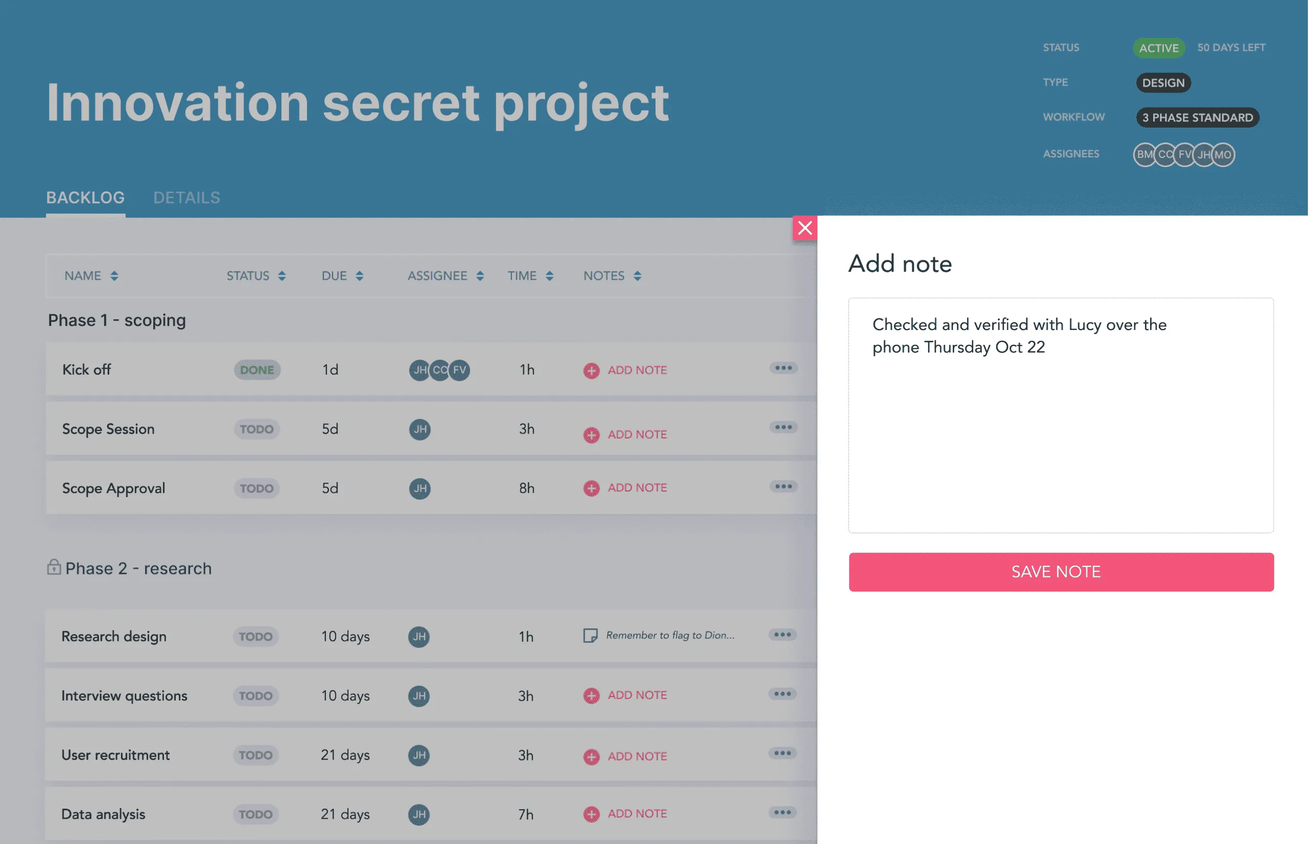A note being added on a project management software