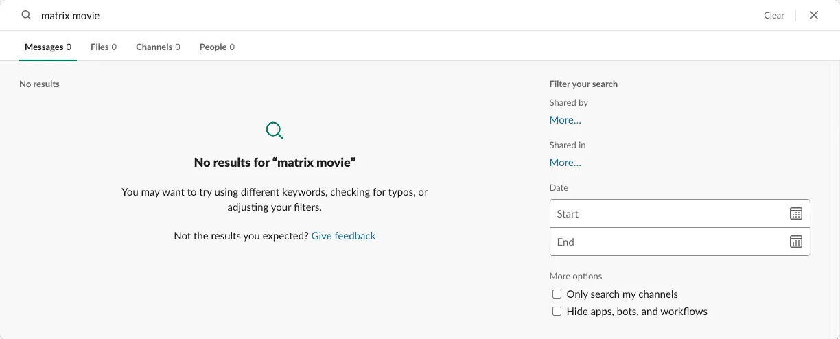 Empty state example no search results form Slack