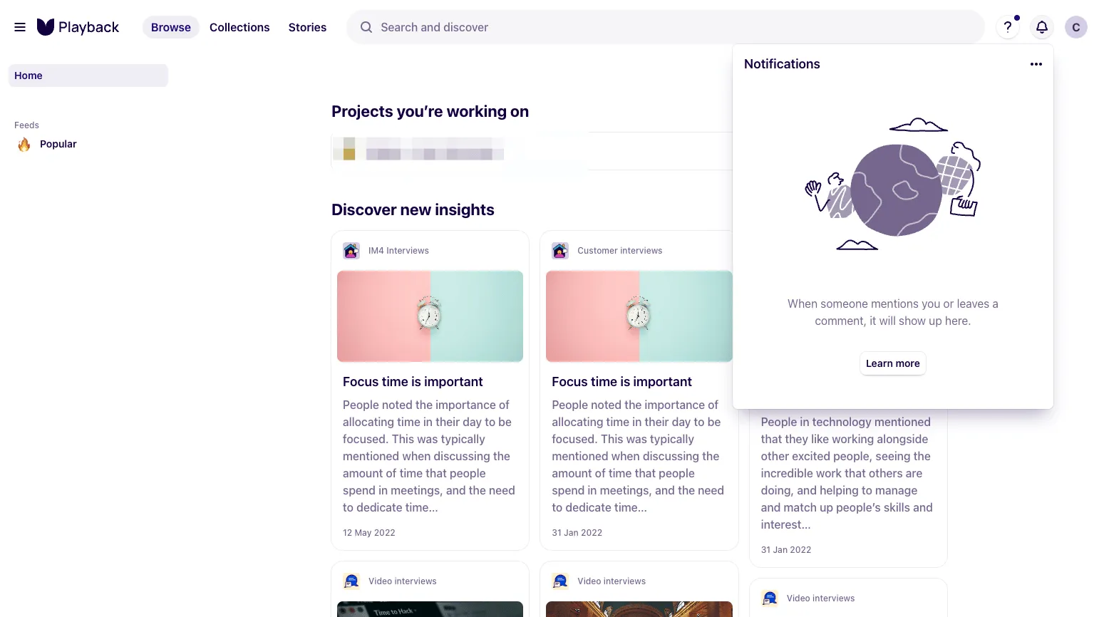 Empty state example from Dovetail