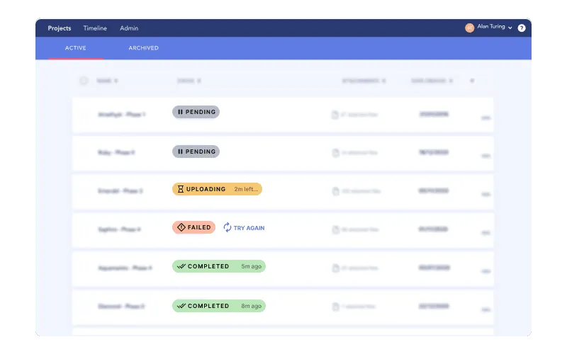 UI example showing a queue of items being worked on.