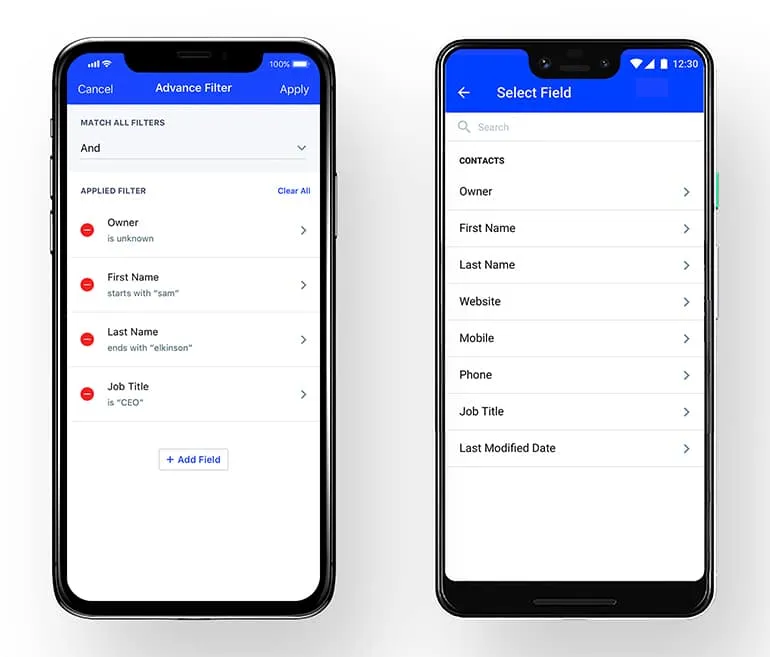screenshot of Salesmate mobile UI where filtering is a full-screen experience