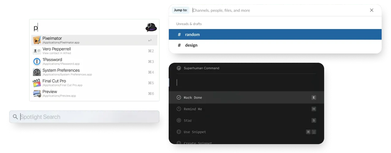 Collage of 4 omnibar examples from existing applications. Alfred for Mac, Slack, Spotlight Search on MacOS and Superhuman