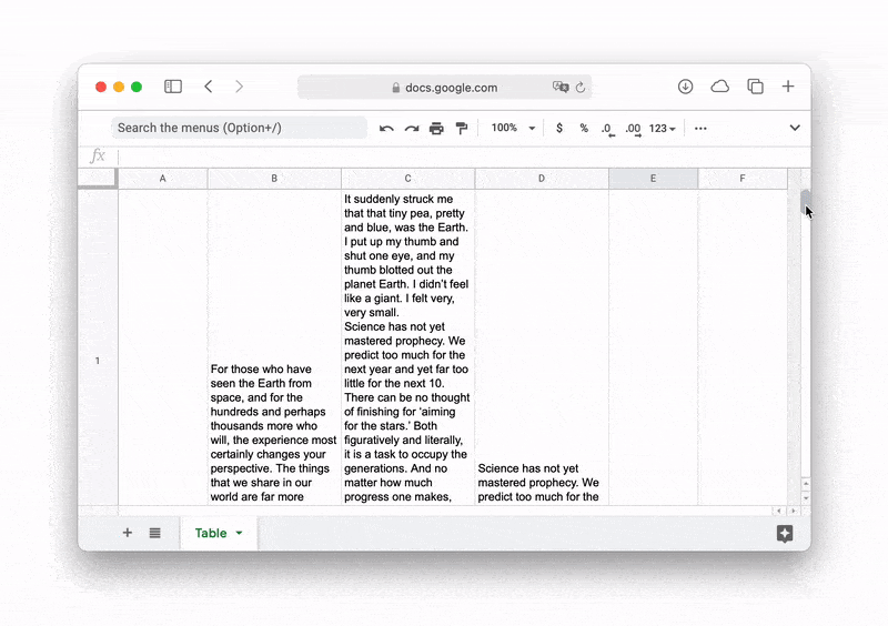 animated gif showing a screen recording of Google Sheets where cells contain large paragraphs of text and force the user to scroll within a cell and navigate large empty spaces