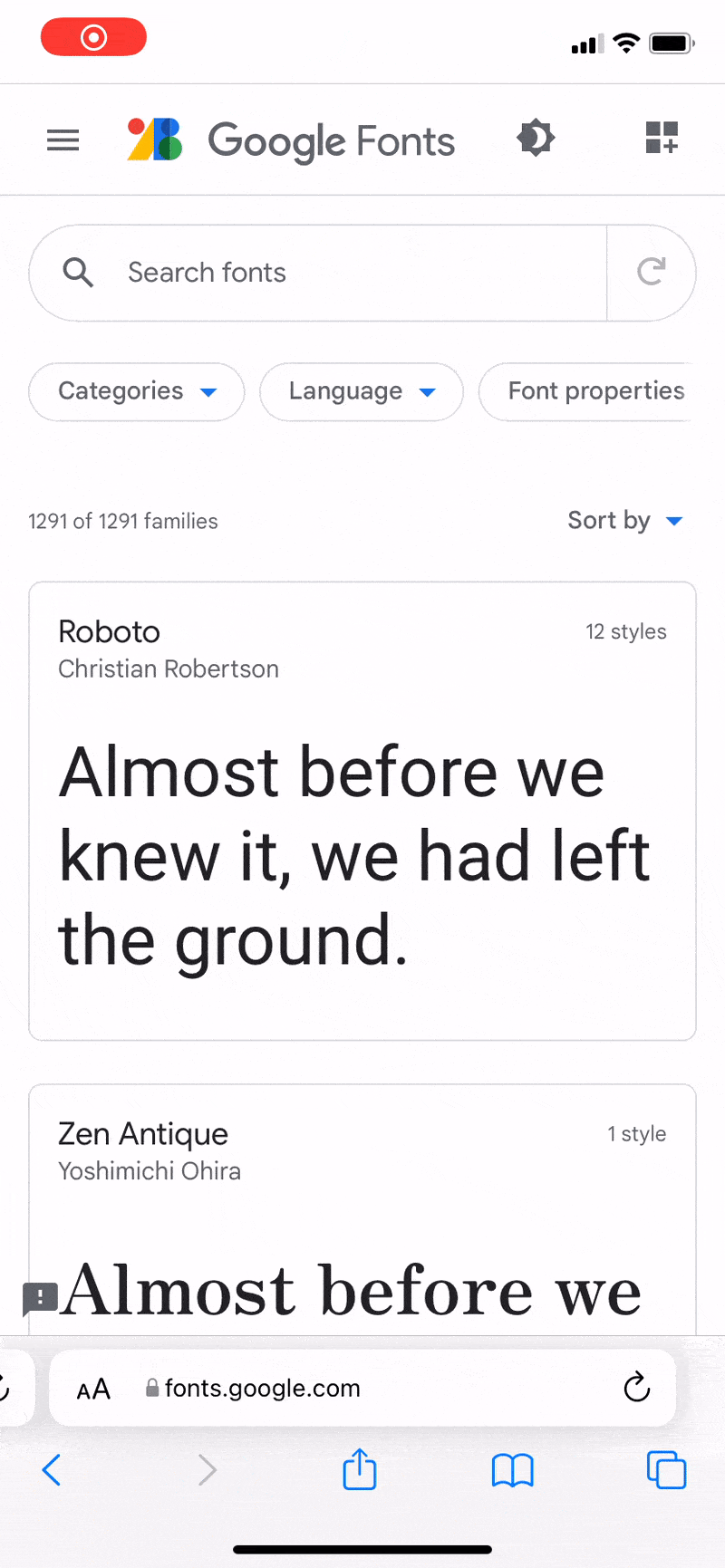 animated gif of Google Fonts on mobile where filters fetch live results as soon as they are selected