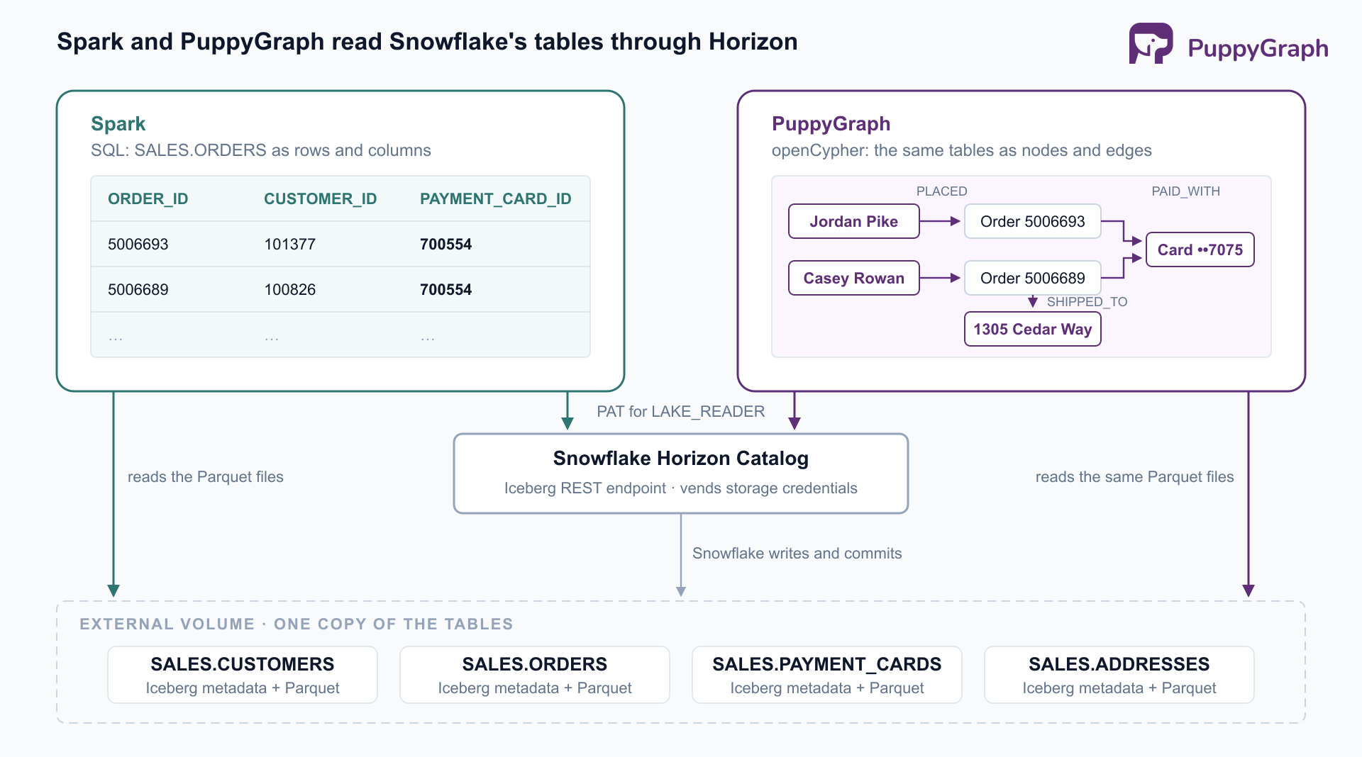 Diagram of two engines sharing Snowflake's tables. A Spark card shows the orders table as rows: orders 5006693 and 5006689, from customers 101377 and 100826, both paid with payment card 700554. A PuppyGraph card shows the same two orders as a graph: Jordan Pike and Casey Rowan each placed an order, both orders were paid with card ending 7075, and Casey Rowan's order shipped to 1305 Cedar Way. Both engines authenticate with a token for the LAKE_READER role to Snowflake Horizon Catalog's Iceberg REST endpoint, which vends storage credentials, and both read the same Parquet files directly from an external volume holding the customers, orders, payment cards, and addresses tables, which Snowflake writes and commits.