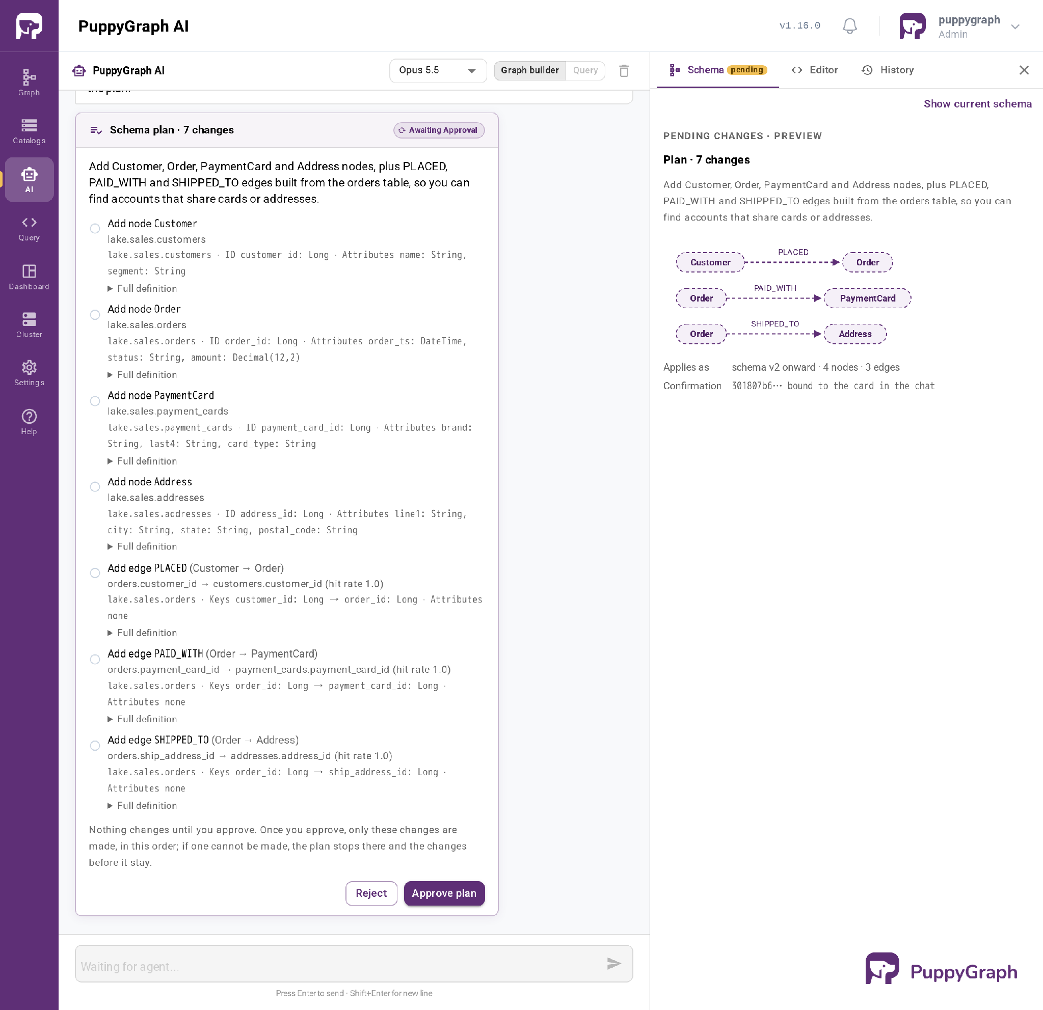 PuppyGraph AI page in Graph builder mode showing a schema plan of seven changes awaiting approval: Customer, Order, PaymentCard, and Address nodes from the customers, orders, payment_cards, and addresses tables, and PLACED, PAID_WITH, and SHIPPED_TO edges from the orders table, the edges each with a join hit rate of 1.0. A side panel previews the plan as Customer to Order, Order to PaymentCard, and Order to Address.