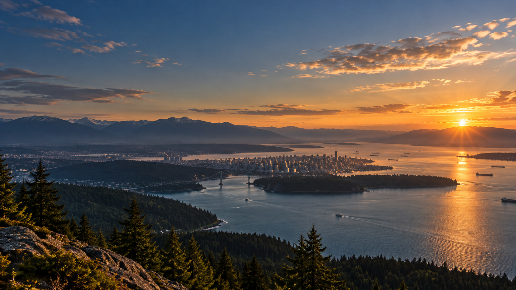 Residential neighbourhood and harbour in British Columbia at golden hour