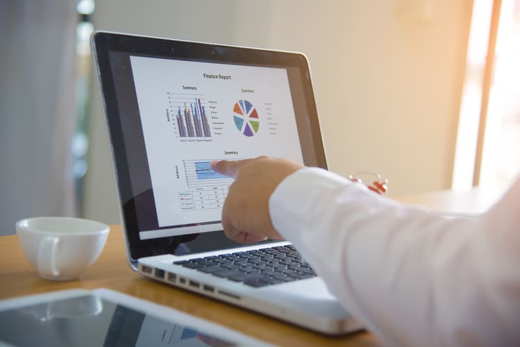 Professional analyzing business reports and performance charts on a laptop, representing data-driven marketing decisions and digital strategy optimization Hiweb