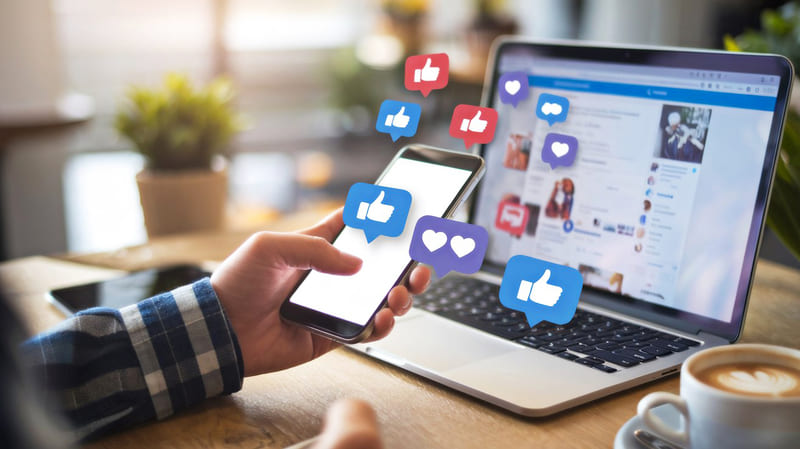 Smartphone y laptop mostrando íconos de interacción en redes sociales representando conexión con audiencias, crecimiento online y rendimiento de marketing digital Hiweb