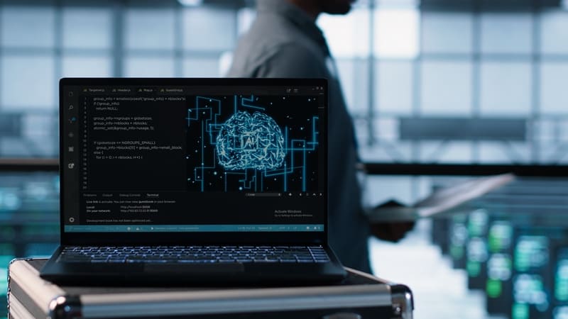 Laptop mostrando conceptos de programación con inteligencia artificial y elementos de tecnología digital representando desarrollo e innovación en IA Hiweb