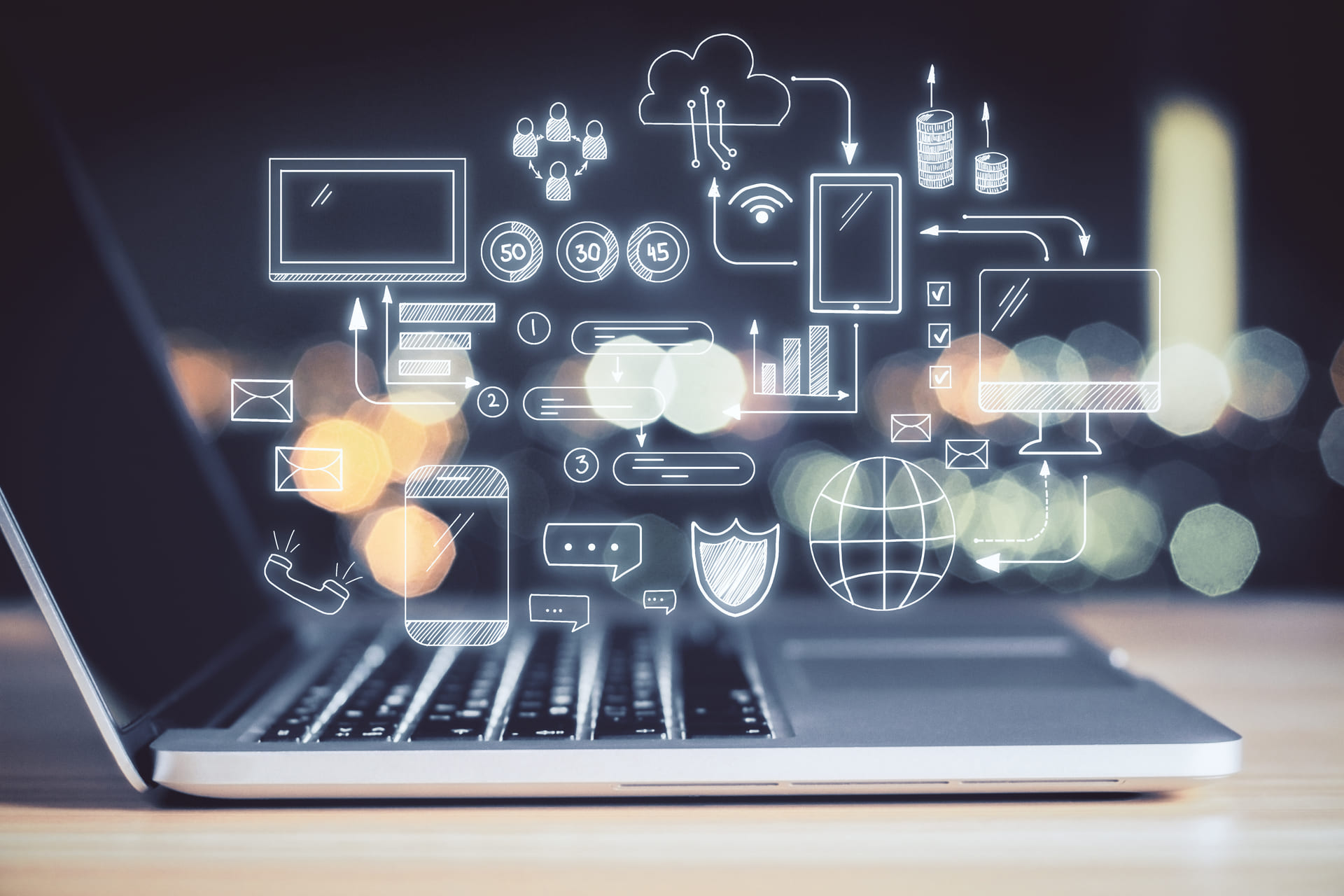 Interfaz de inteligencia artificial mostrada en laptop con automatización digital y soluciones inteligentes para estrategias de marketing modernas Hiweb