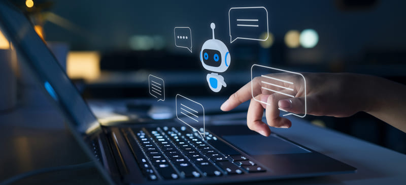 AI chatbot interface with digital conversation elements on a laptop showing automated customer support technology Hiweb
