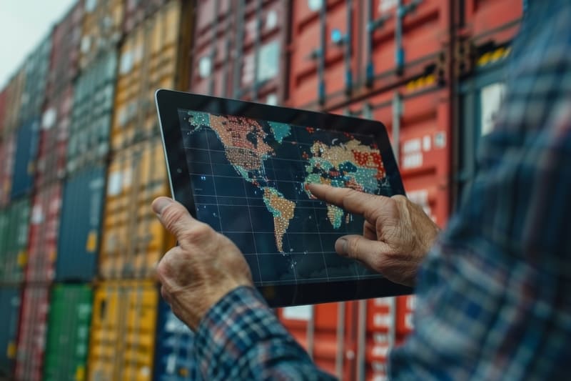 Profesional utilizando una tablet con interfaz de mapa global junto a contenedores de transporte representando comercio internacional, logística y operaciones de nearshoring Hiweb
