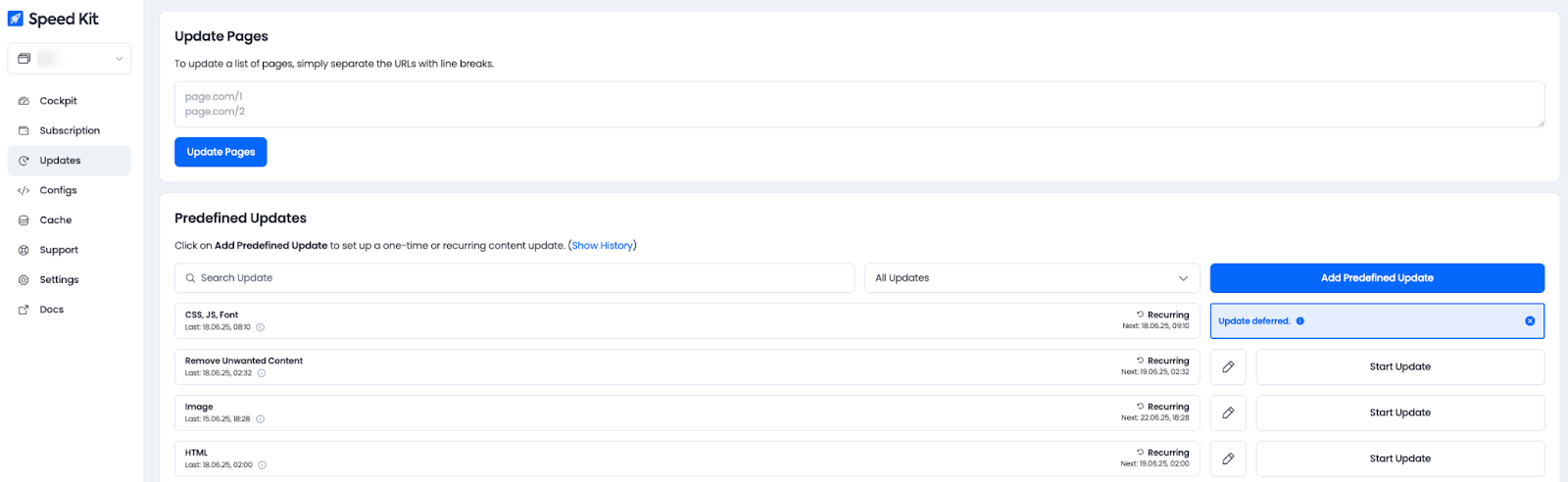 Update pages view of Speed Kit dashboard