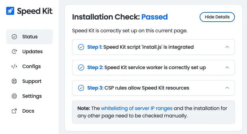Speed Kit Installation Check Passed