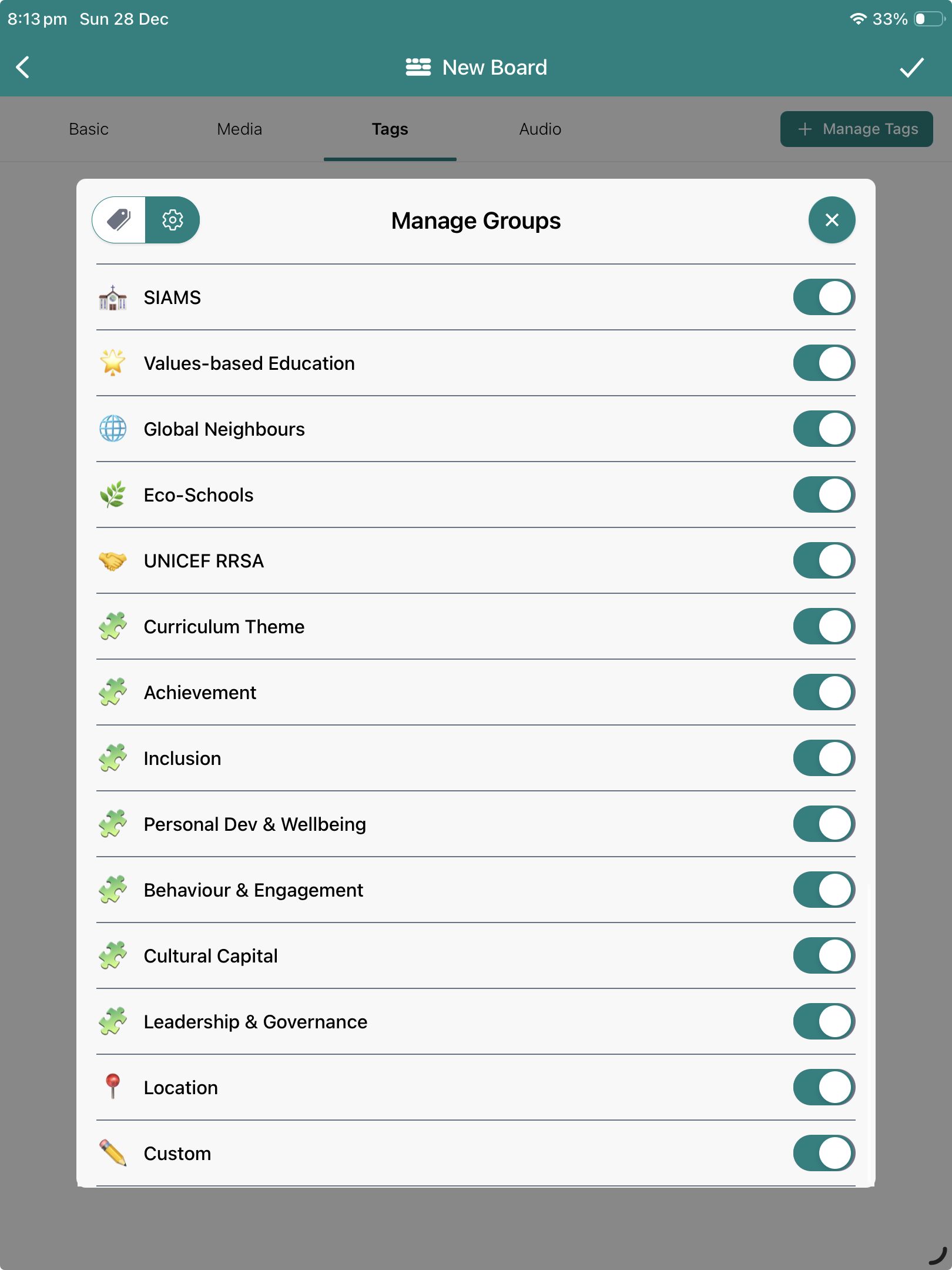 Hide or show the 7 Ofsted Tag Categories in Blippit Boards v3 2026