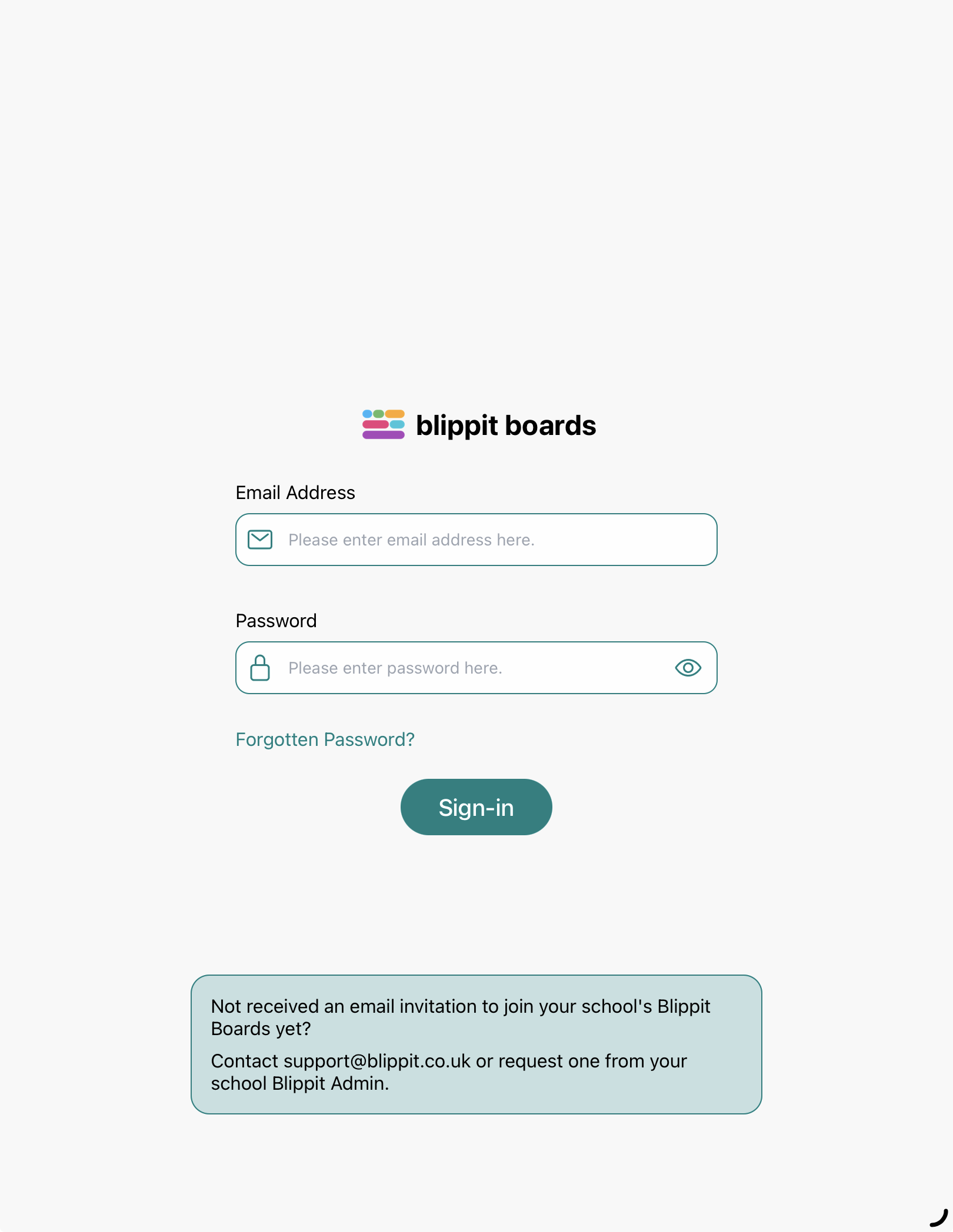 A view of the forgotten password link on the app login screen 