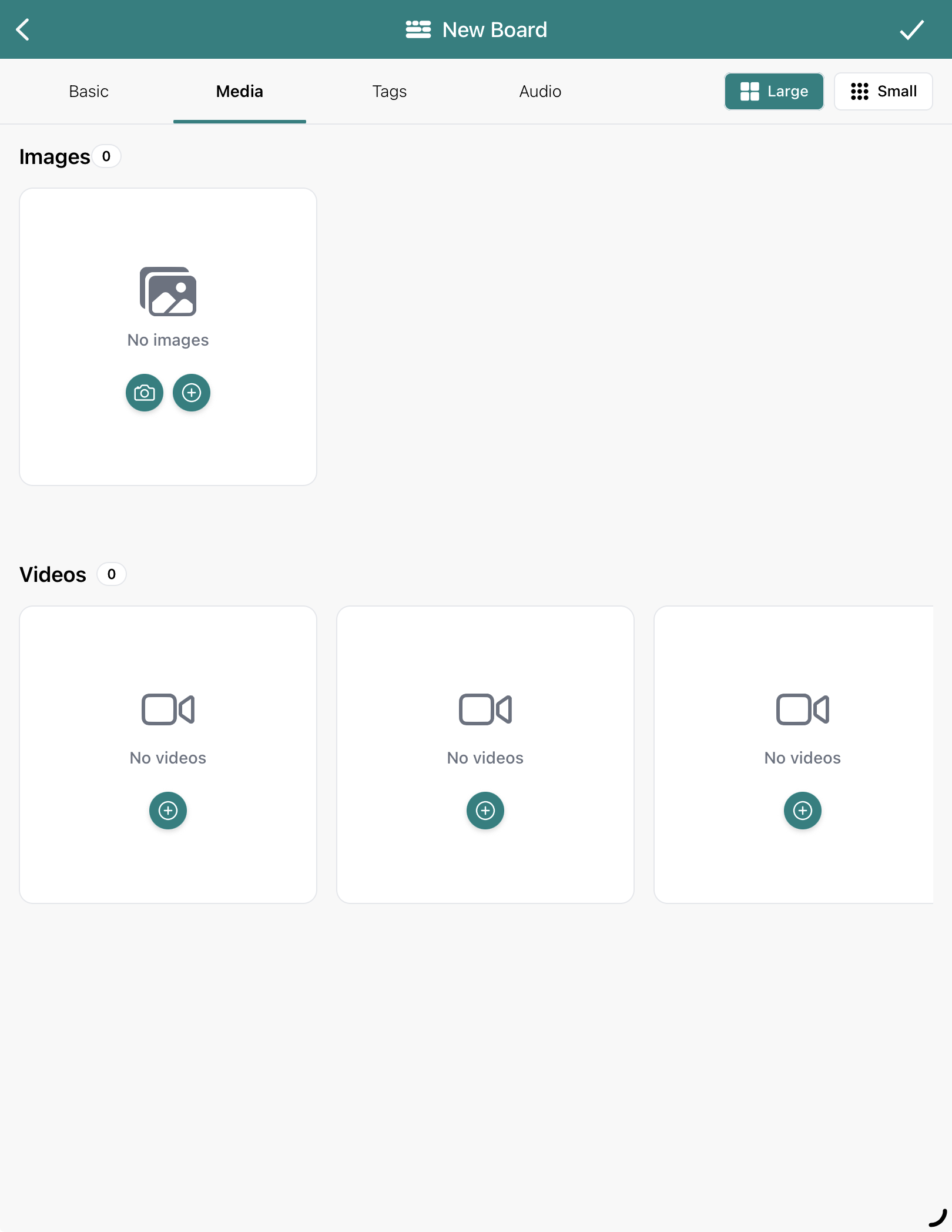 A view of where to add photos from the gallery or via the camera in the Blippit boards app version 3. 