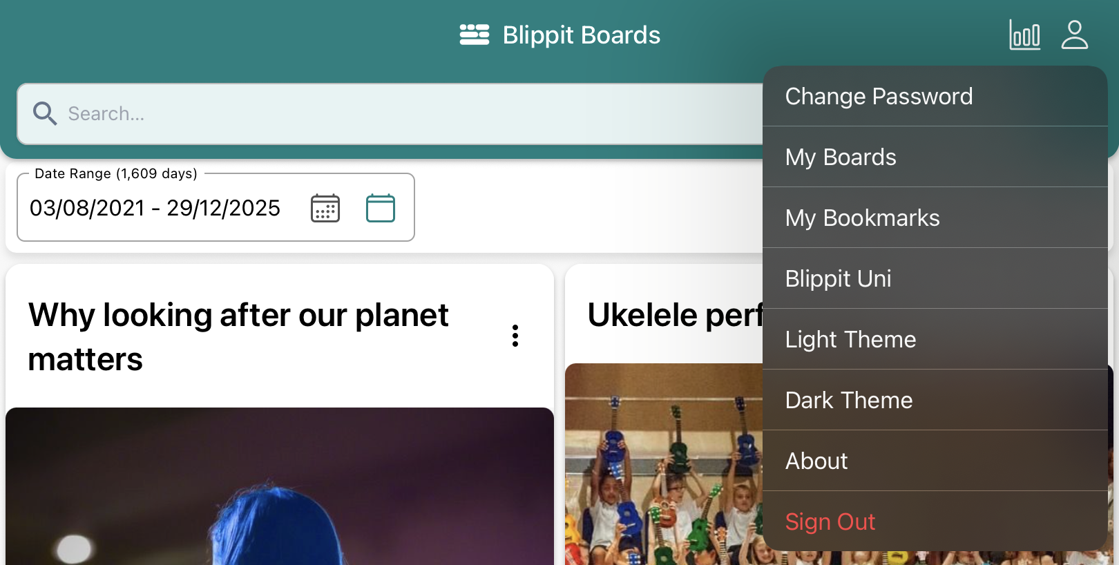 The menu shown when the profile icon is tapped. 