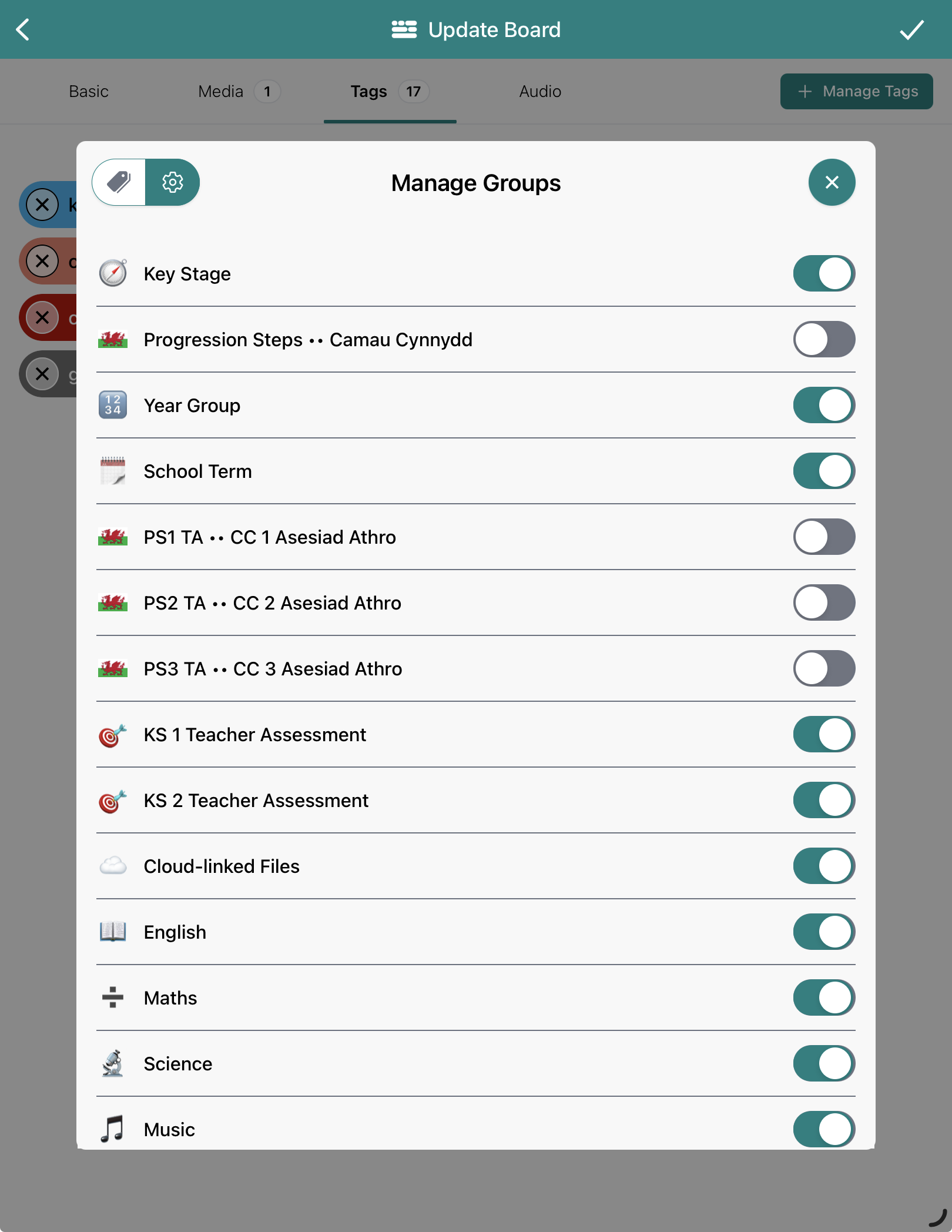 A view of the tag manager where categories can be switched on or off depending on your needs. 