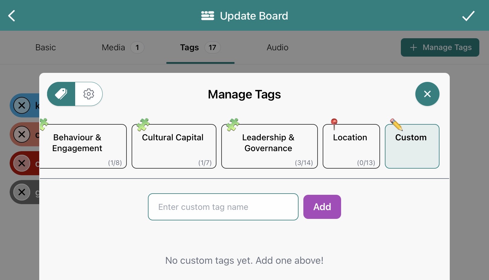 A view of where the custom tag category is in Blippit Boards.