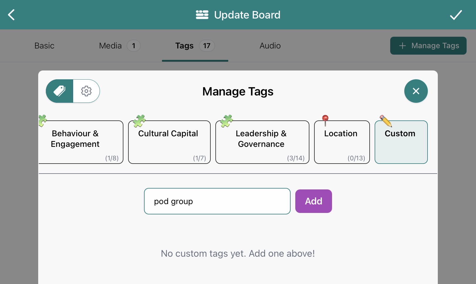 A view of adding a custom tag in Blippit Boards.