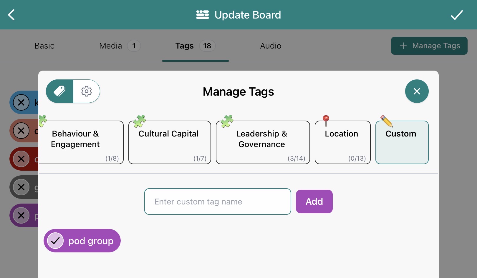 A view of what happens when a teacher presses "Add" after creating a custom tag in Blippit Boards.