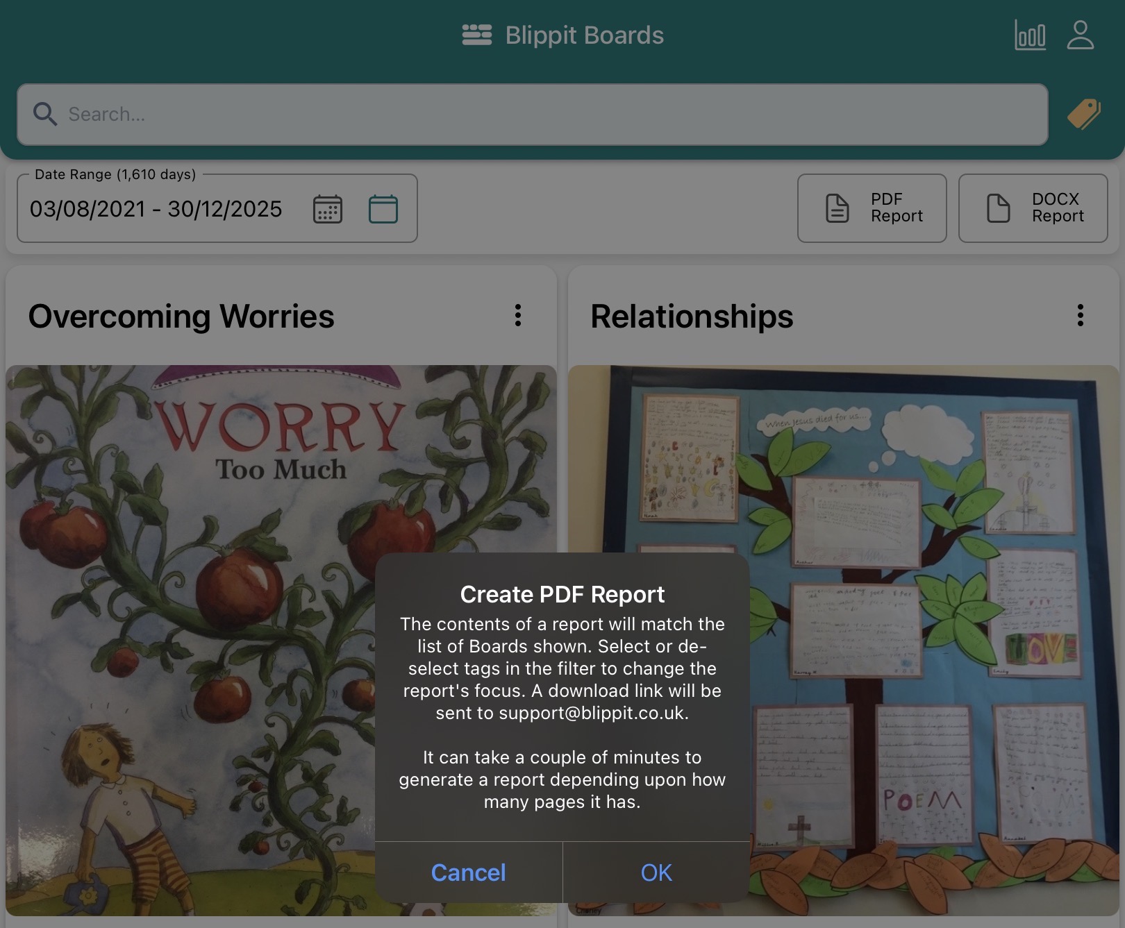 View of the pop-up message appearing after pressing PDF report. 