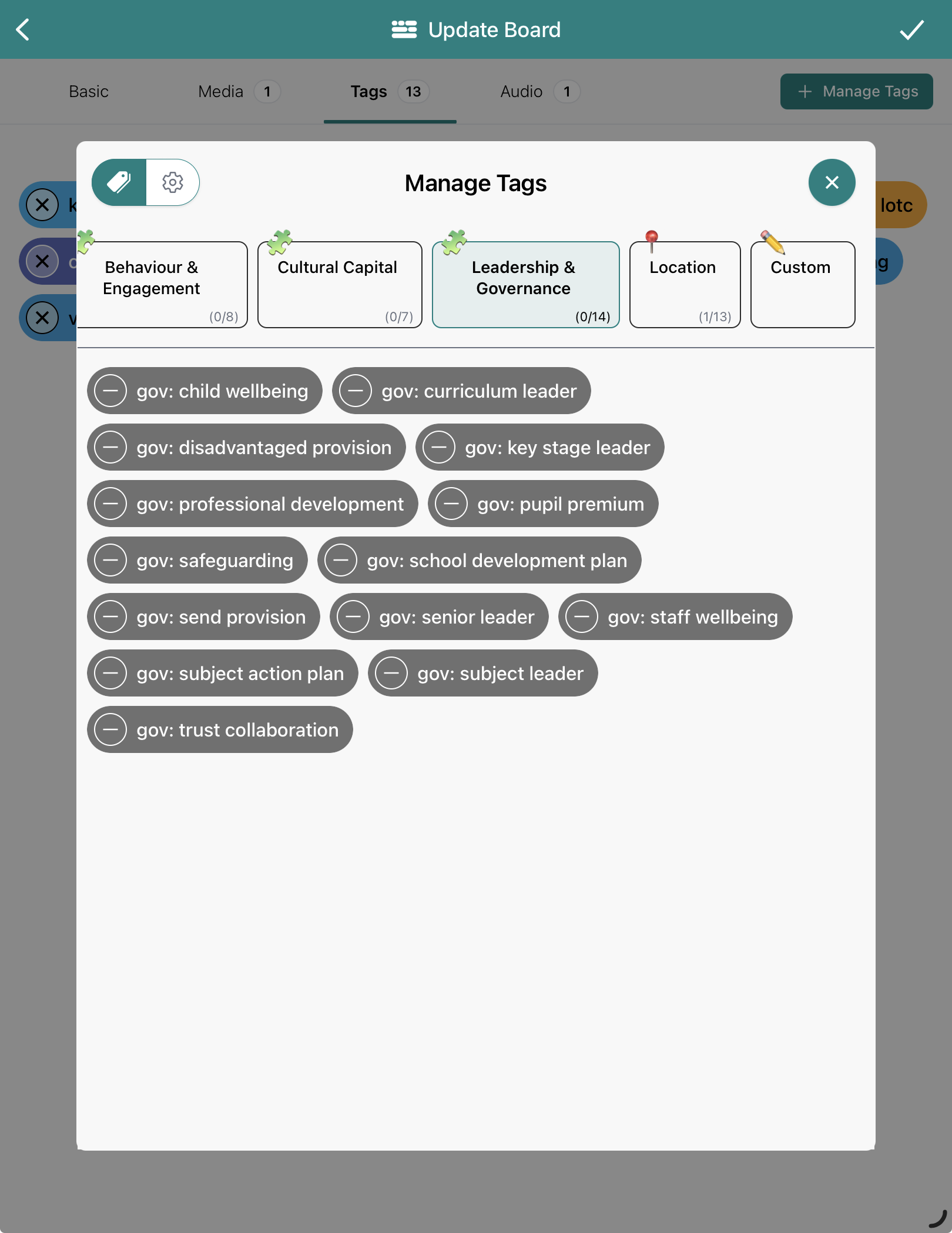 A view of Leadership and Governance tags in Blippit Boards version 3+