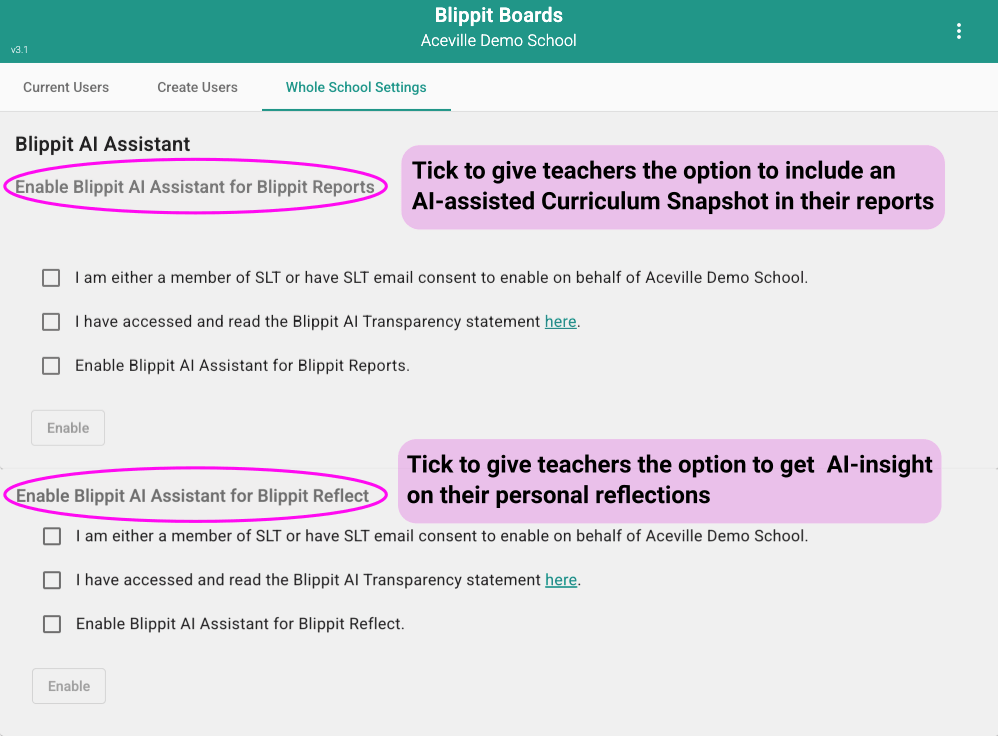 Whole School Settings tab in the Blippit dashboard